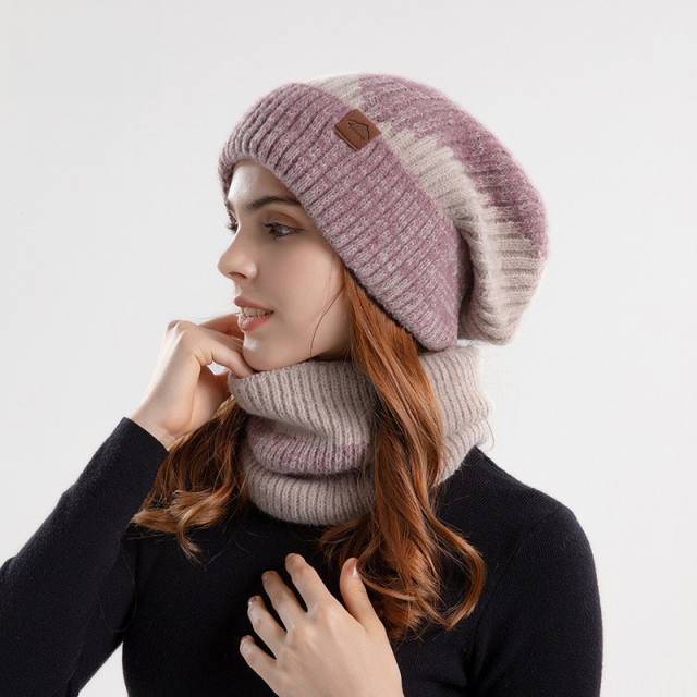 Warm winter knitted beanie cap scarf set for women