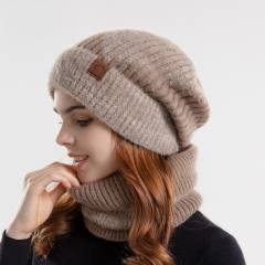 Warm winter knitted beanie cap scarf set for women