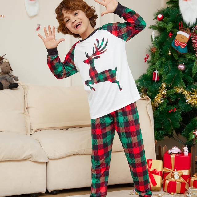 Cartoon Elk deer plaid pattern christmas pajamas family outfits
