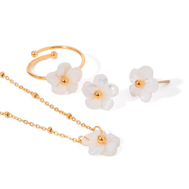 Sweet white shell flower stainless steel necklace rings set