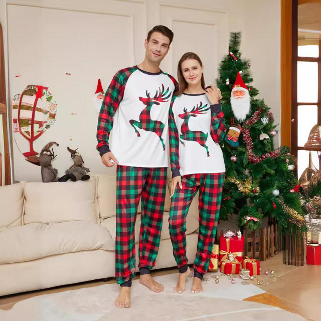 Cartoon Elk deer plaid pattern christmas pajamas family outfits
