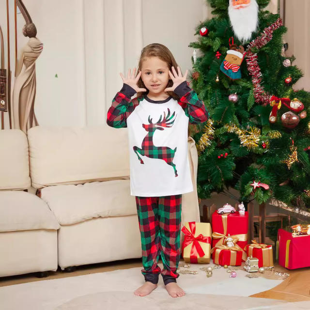 Cartoon Elk deer plaid pattern christmas pajamas family outfits