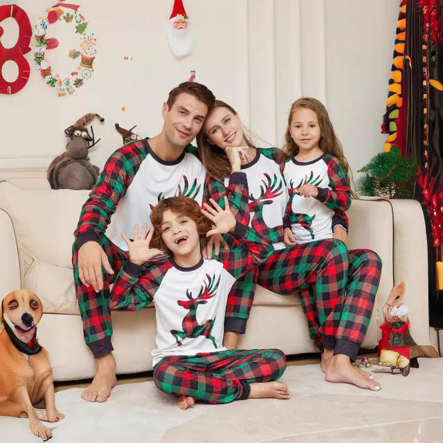 Cartoon Elk deer plaid pattern christmas pajamas family outfits