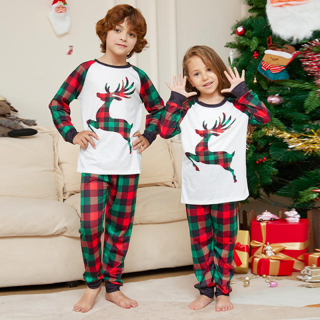 Cartoon Elk deer plaid pattern christmas pajamas family outfits