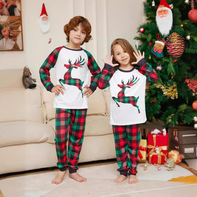 Cartoon Elk deer plaid pattern christmas pajamas family outfits