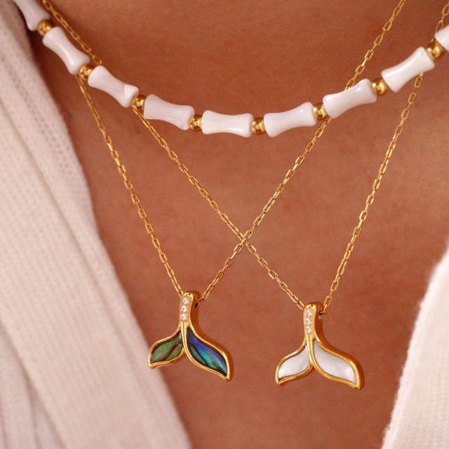14KG Fishtail pendant bamboo natural stone stainless steel necklace collection