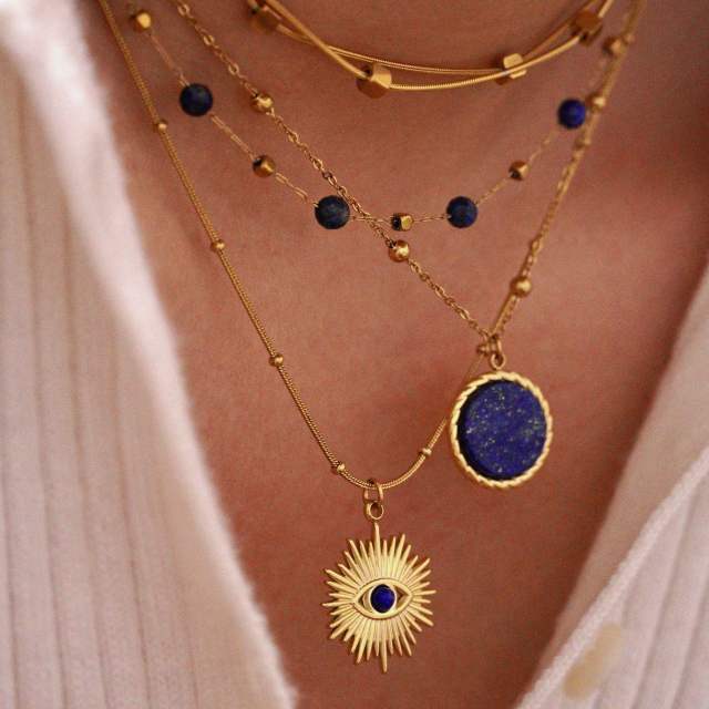 Boho natual stoen lapis lazuli evil eye stainless steel necklace stackable necklace