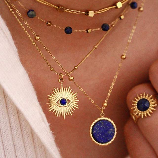 Boho natual stoen lapis lazuli evil eye stainless steel necklace stackable necklace