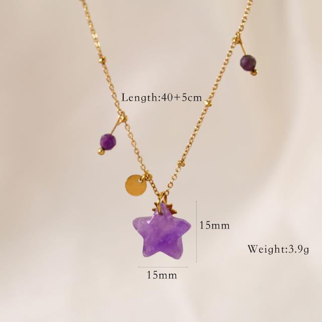 Boho 14KG moon star amethyst pendant stainless steel necklace