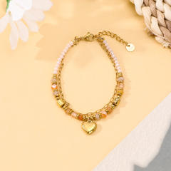 Boho natural stone bead stainless steel heart charm layer bracelet