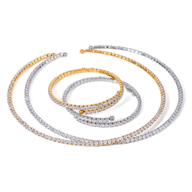 Delicate diamond stainless steel cuff necklace choker bangle set