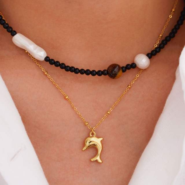 14KG oceean series dolphin shell stainless steel dainty natural stone necklace collection