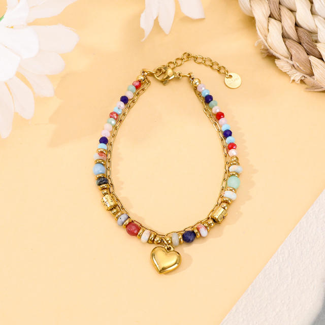 Boho natural stone bead stainless steel heart charm layer bracelet