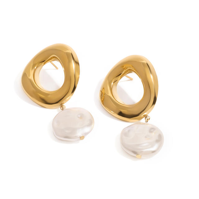 Elegant chunky circle pearl charm stainless steel earrings geometric earrings