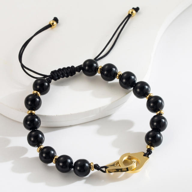 Vintage Volcanic Stone tiger eye natural stone bead stainless steel Handcuffs bracelet for men
