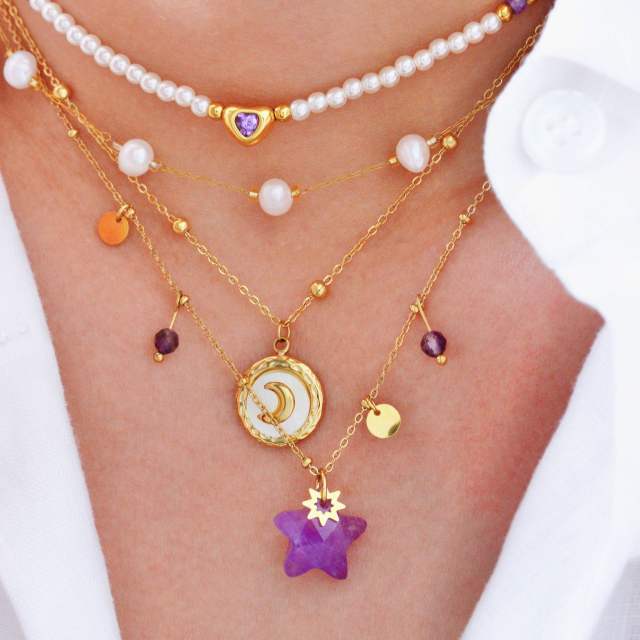 Boho 14KG moon star amethyst pendant stainless steel necklace