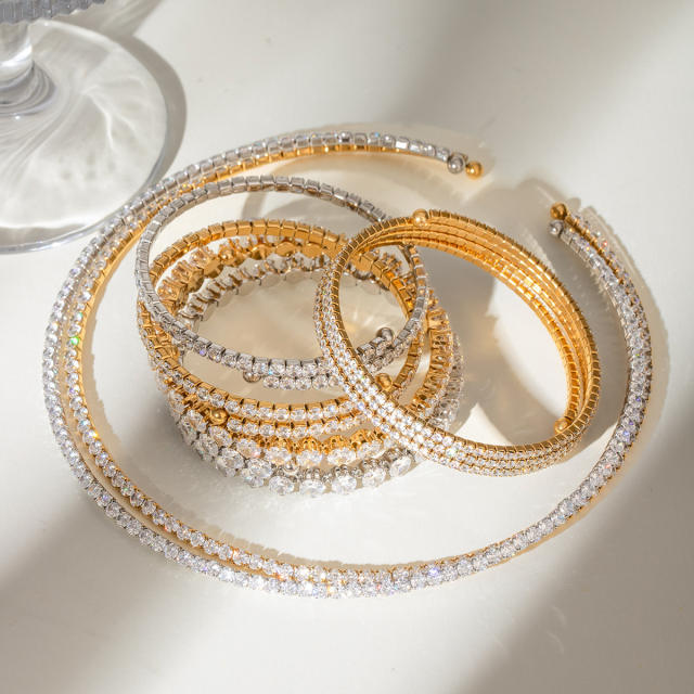 Delicate diamond stainless steel cuff necklace choker bangle set