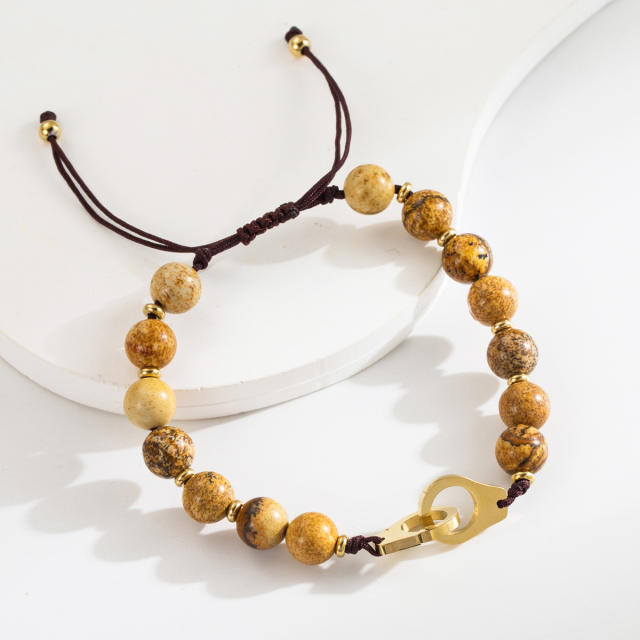 Vintage Volcanic Stone tiger eye natural stone bead stainless steel Handcuffs bracelet for men