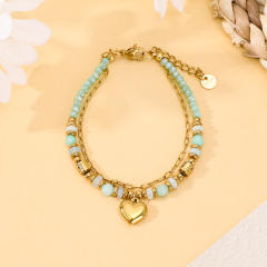 Boho natural stone bead stainless steel heart charm layer bracelet