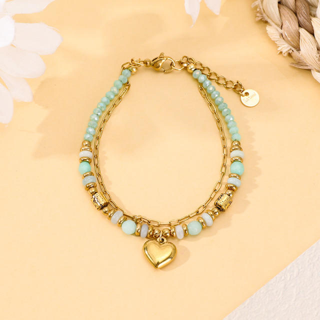 Boho natural stone bead stainless steel heart charm layer bracelet