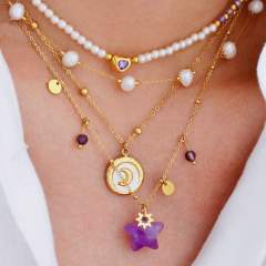 Boho 14KG moon star amethyst pendant stainless steel necklace