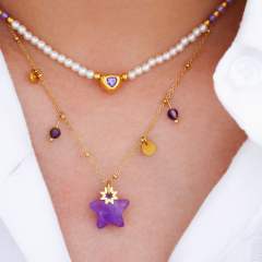 Boho 14KG moon star amethyst pendant stainless steel necklace