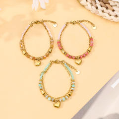 Boho natural stone bead stainless steel heart charm layer bracelet