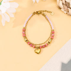 Boho natural stone bead stainless steel heart charm layer bracelet