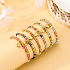Boho natural stone bead stainless steel heart charm layer bracelet