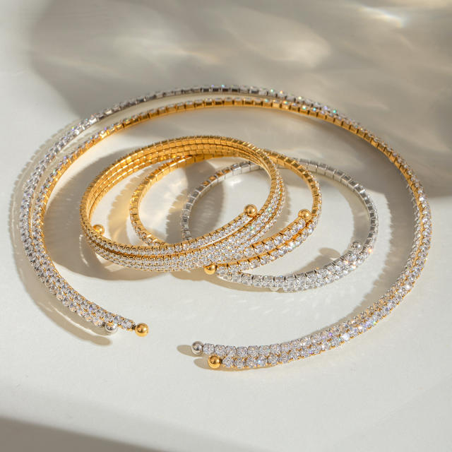Delicate diamond stainless steel cuff necklace choker bangle set