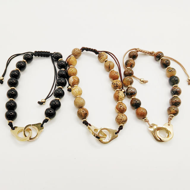 Vintage Volcanic Stone tiger eye natural stone bead stainless steel Handcuffs bracelet for men