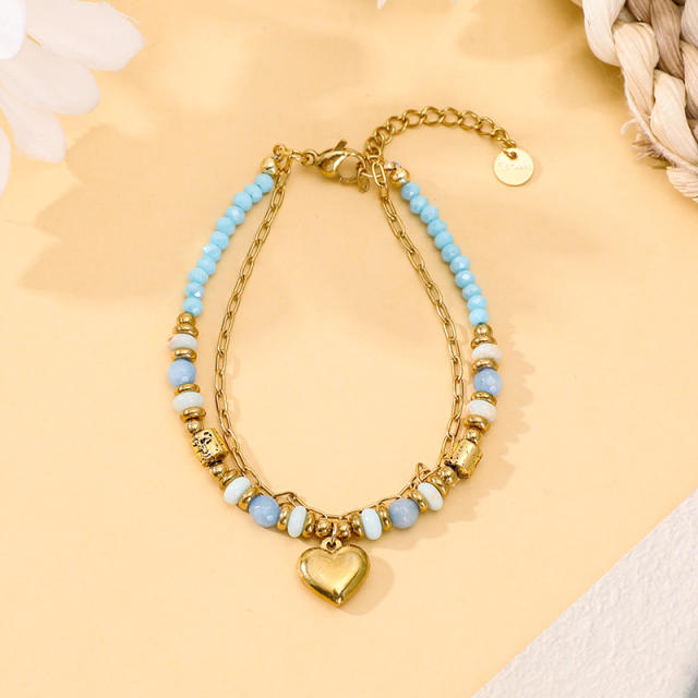 Boho natural stone bead stainless steel heart charm layer bracelet