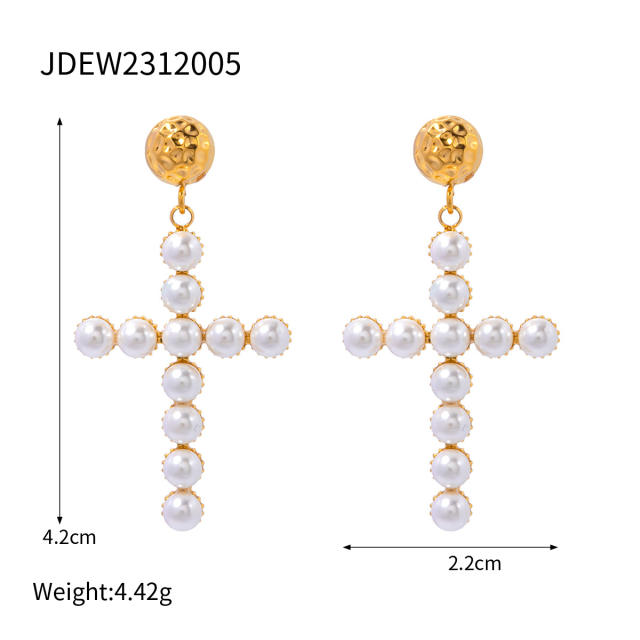Elegant pearl bead cross series stainless steel necklace earrings set