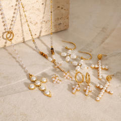 Elegant pearl bead cross series stainless steel necklace earrings set