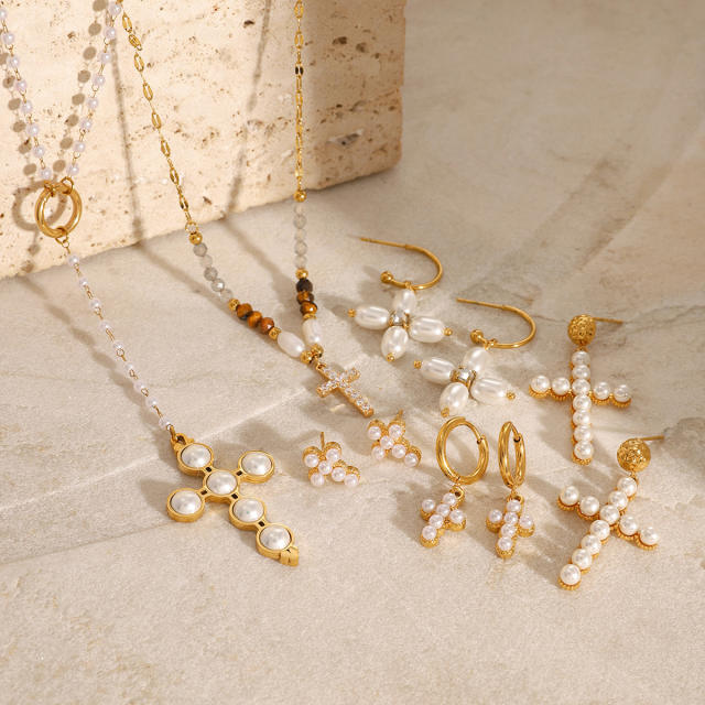 Elegant pearl bead cross series stainless steel necklace earrings set