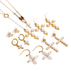 Elegant pearl bead cross series stainless steel necklace earrings set