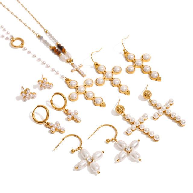 Elegant pearl bead cross series stainless steel necklace earrings set
