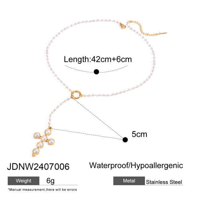 Elegant pearl bead cross series stainless steel necklace earrings set
