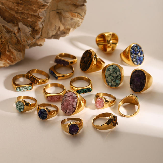 Boho natural stone stainless steel finger rings collection #7