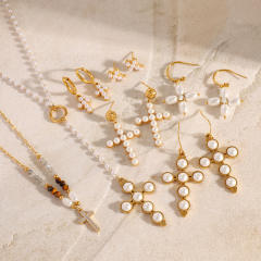 Elegant pearl bead cross series stainless steel necklace earrings set