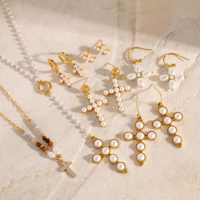 Elegant pearl bead cross series stainless steel necklace earrings set