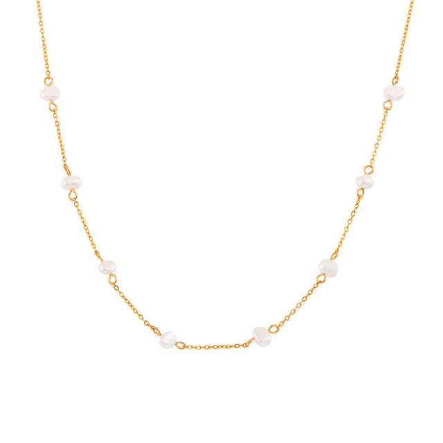 Dainty waterpearl bead stainless steel necklace bracelet set