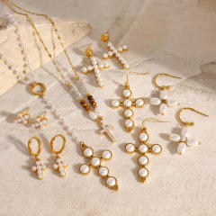 Elegant pearl bead cross series stainless steel necklace earrings set