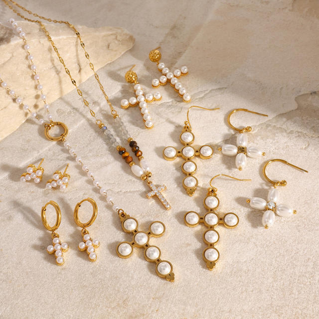 Elegant pearl bead cross series stainless steel necklace earrings set