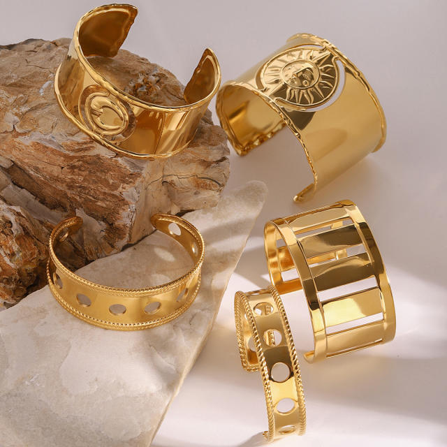 Chunky gold color stainless steel cuff bangle collection