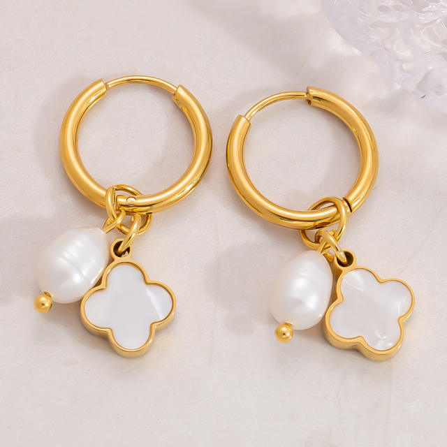 Elegant mother shell pearl bead stainless steel huggie earrings collection