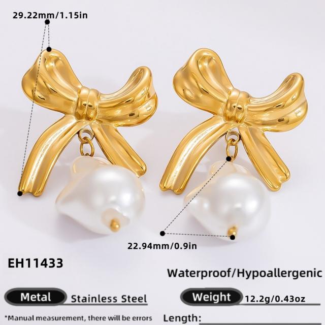 18KG elegant pearl drop stainless steel earrings