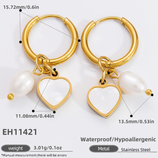 Elegant mother shell pearl bead stainless steel huggie earrings collection