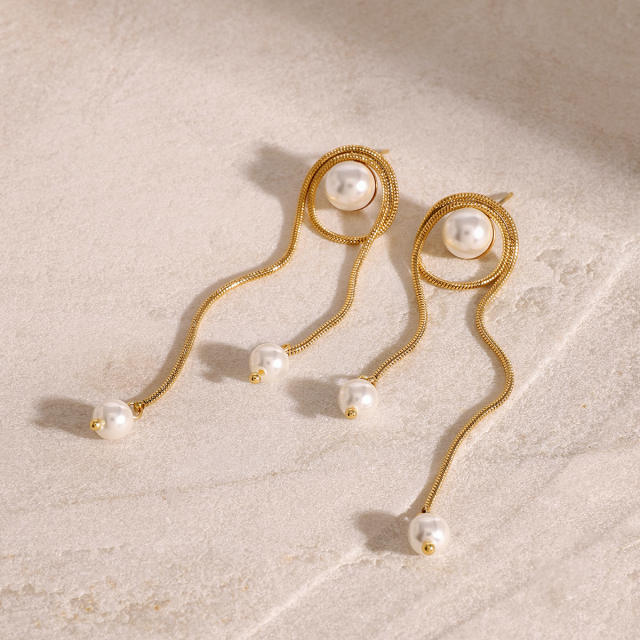 18KG elegant chain tassel pearl stainess steel long earrings