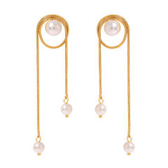 18KG elegant chain tassel pearl stainess steel long earrings